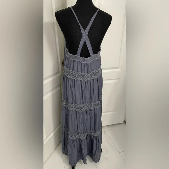 Free People maxi dress lace inserts size M denim color - Picture 2 of 10